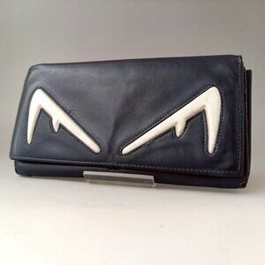 FENDI Bag Bugs Eyes Long Wallet Navy Leather Bifold Purse Auth Italy Rare
